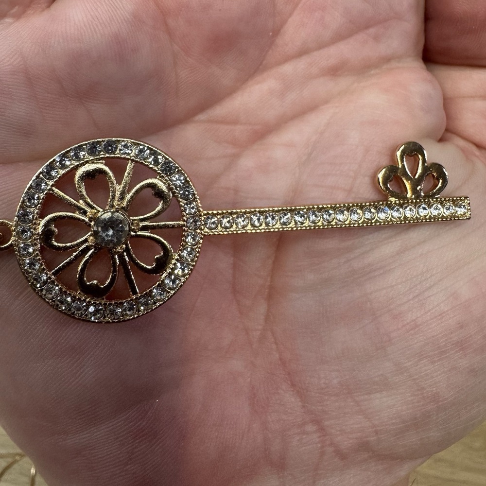 Betsey Johnson Skeleton Key Long Pendant Necklace Rhinestones Gold Tone